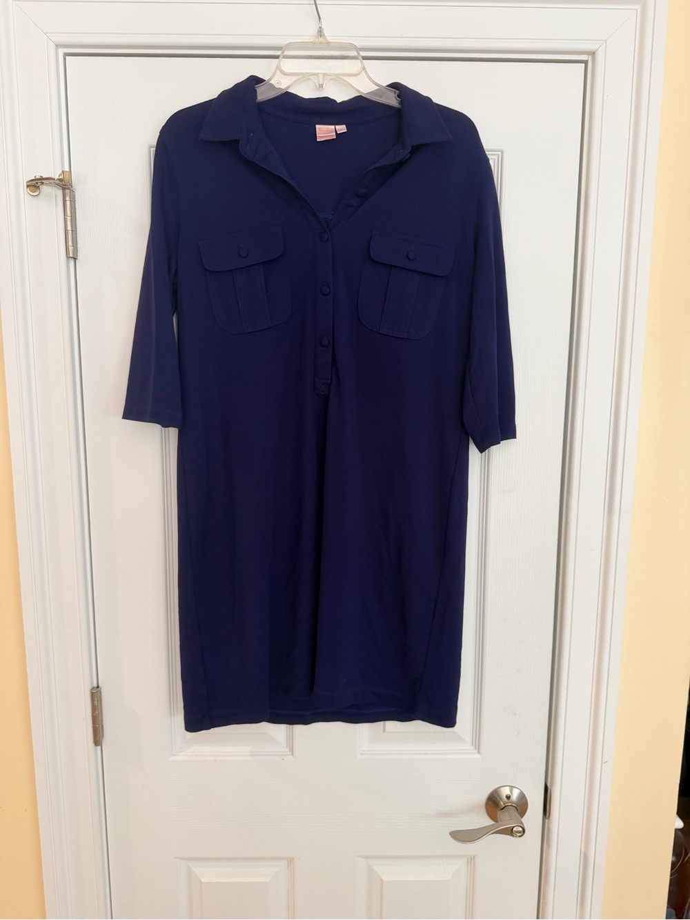 Ladies Size Large "Persifo" Relaxed Navy Collared Midi Shirt Dress Chest Pockets